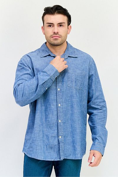 GAP Men Regular Fit Long Sleeve Chambray Shirt, Washed Navy