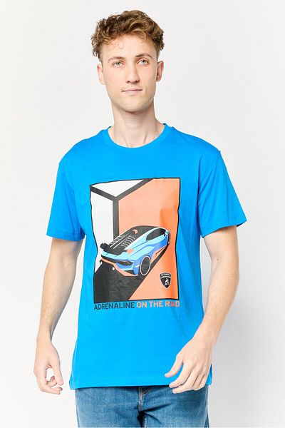 Lamborghini Men Crew Neck Short Sleeves Graphic Print T-shirt, Blue