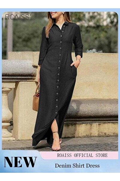 ROAISS فستان قميص نسائي كاجوال فضفاض بقصّة أزرار مع جيوب على الجانبين، خفيف ا...