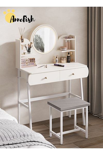 AnneFish Bedroom Dresser Stool Set LED Light Mirror Drawers Make Up Vanity Table 3 Levels Light Intensity USB