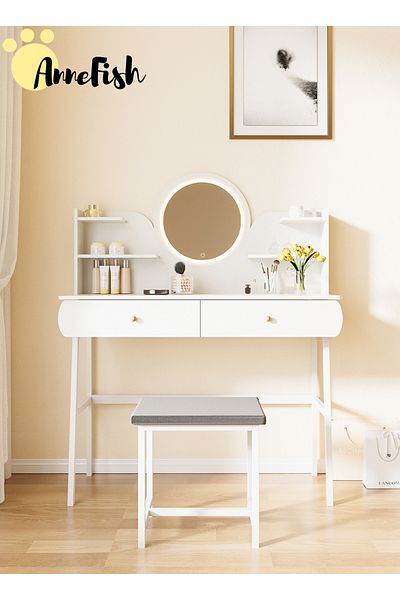 AnneFish Bedroom Dresser Stool Set LED Light Mirror Drawers Make Up Vanity Table 3 Levels Light Intensity USB
