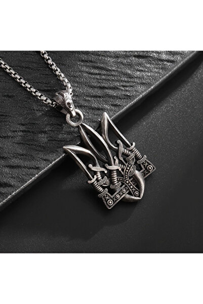 Choice قلادة نبتون بوسيدون ترايدنت الفضية ذات الشعار الوطني الأوكراني للرجال