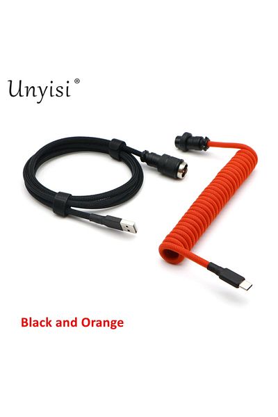 Choice 1.2m - 15cm Coiled Black and Orange Hand Made Paracord and PET Double Sleeved USB-A to USB-C Type-C