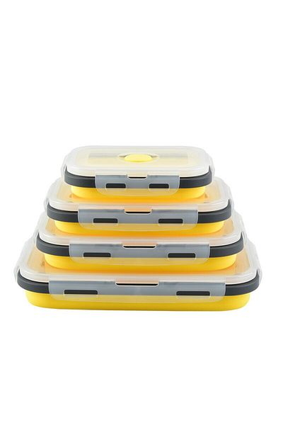 Choice grey yellow One layer 4PCS Foldable Silicone Lunch Box Portable Microwave Heated Lunch Box Square Si