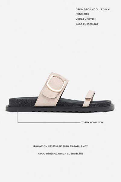 NİŞANTAŞI SHOES Dámské pantofle Pinky Beige Suede s detailním suchým zipem na ploché podrážce