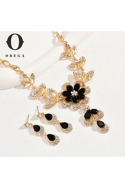 Choice Gold Obega Elegant Flower Shape Black Zircon Necklace Earrings Jewelry Set Fashion Gold Plating Banq