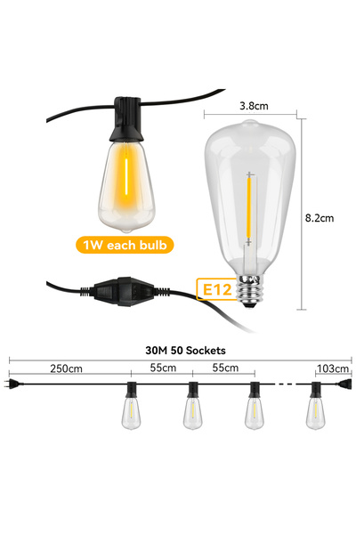 Choice سلسلة إضاءة خارجية بطول 30 مترًا (100 قدم) مزودة بقابس أوروبي، سلسلة إ...