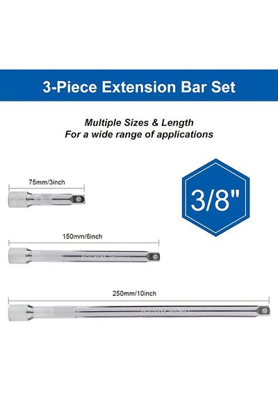 Choice 3-8 1/4" 3/8" 1/2" Drive Extension Set Socket Ratchet Wrench Extension Bar,50/100/150/250mm Ratchet