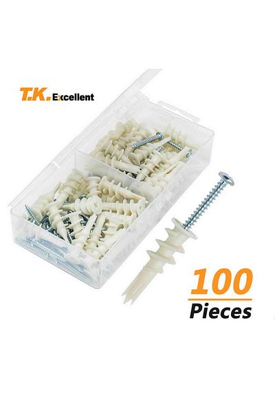 T.K.EXCELLENT 34mm M4.2 100pcs Drywall Nylon Ribbed Anchor With Self Tapping Screws Wall Nylon Drywall Bolt Plaste