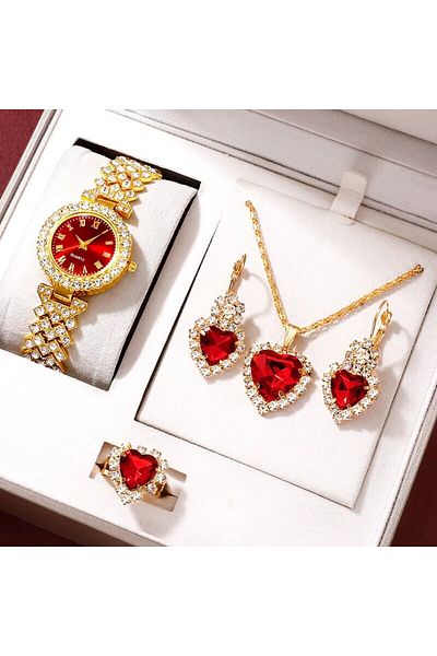 Choice Red Golden Luxury Watch Women Ring Necklace Earring Rhinestone Fashion Wristwatch Casual Ladies Brac