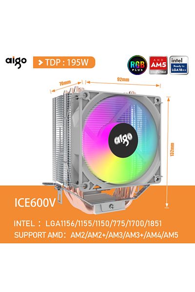 Choice مبرد وحدة المعالجة المركزية Aigo Ice600v ذو اللون الأبيض الثابت، 2 4 6 أنابيب حرارية، مشعاع تبريد الكمبيوتر، 3 سنون PWM، صامت، RGB F