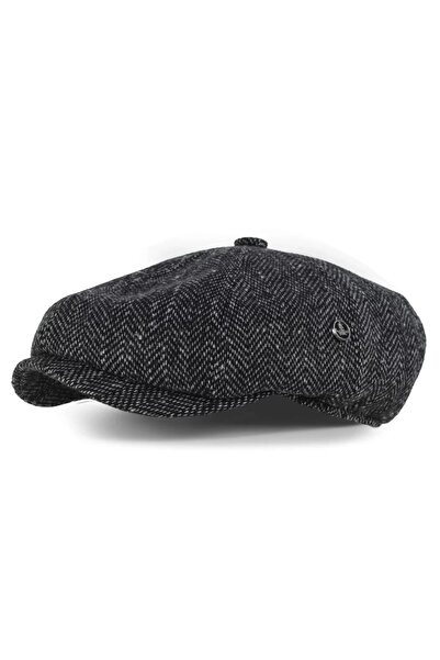 KAMBO WEAR Dark Gray Black Striped Woolen Stamp Winter Fabric Cap Hat (Anti-Sweat Satin Lining)