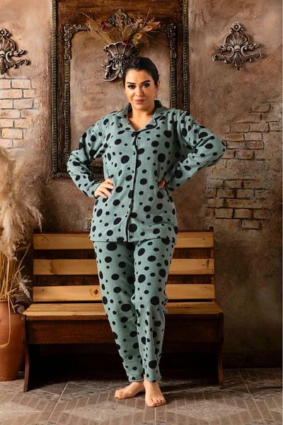 Sude Women's Large Size Winter Fleece Shirt Collar Pajama Set 484 - 1 Piece