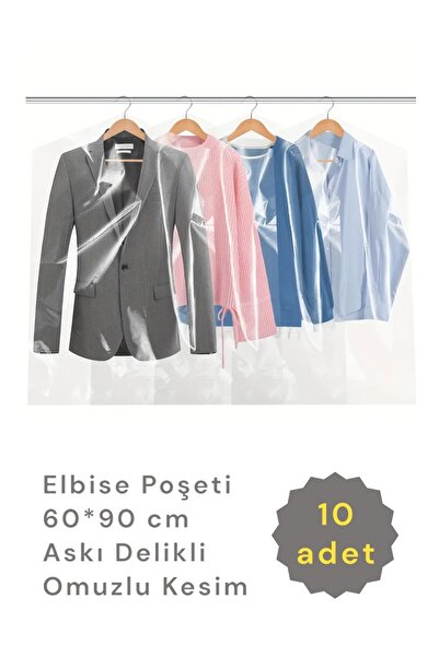 COLORPAK Elbise Poşeti (60X90 CM) Askı Delikli Omuzlu Kesim (10 ADET) Şeffaf Kıyafet Koruma Hurç Kılıf Naylon