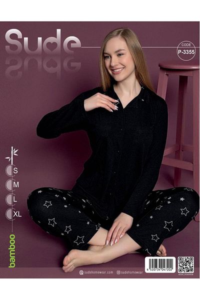 Sude Set pijama de damă cu mânecă lungă neagră din bambus S-3355 - 1 bucată