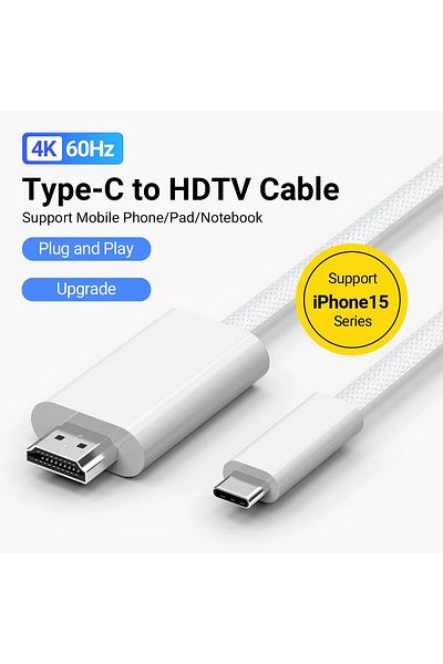 Choice White-4K 60Hz 4K Type-C To HDMI Cable Nylon Woven-1.8M/70.86In for iPhone 15 Series/MacBook Pro/Air,