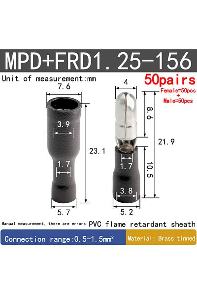 Choice Black 100pcs/50pairs Assorted Insulated Female & Male Crimp Wire Terminals Brass Insulated Male Fema