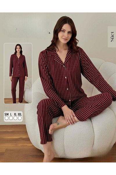 BOYRAZ SueDe Women's Pajama Set - Neck ButtoneD, 02002 Model - 1 Piece