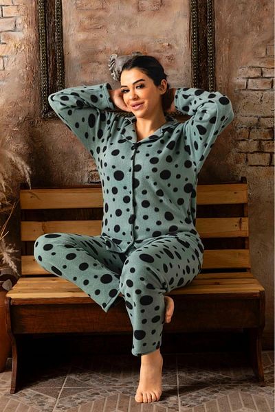Sude Women's Large Size Winter Fleece Shirt Collar Pajama Set 484 - 1 Piece