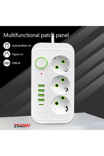 Choice EU 3 White EU Plug 3AC Outlets Multitap Socket 2M Extension Cord Electrical Power Strip With USB Typ