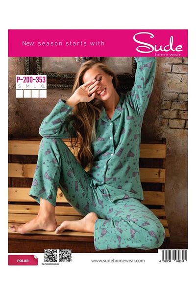 Sude Women's Shirt Front Buttoned Polar Patterned Pajama Set P200/353 - 1 Piece