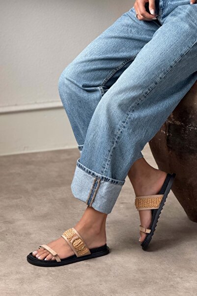 NİŞANTAŞI SHOES Joke Camel Suede Buckle Knitted Detailed Flat Sole Women's Slippers