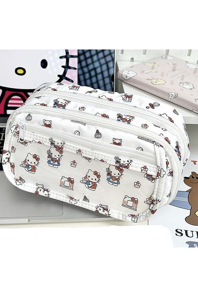 Miniso 3 حافظة أقلام بسحاب كرتونية من Hello Kitty حقيبة مستحضرات تجميل أصلية عالية السعة لطيفة وقابلة للحمل.