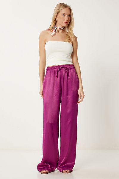 Lovelyİstanbul Satin Surface Draped Palazzo Trousers Fuchsia Lcr0076