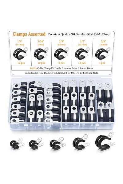 Choice 44Pcs in One Box 44pcs Cable Clamps Assortment Kit, Stainless Steel Rubber Cushion Pipe Clamps Assor