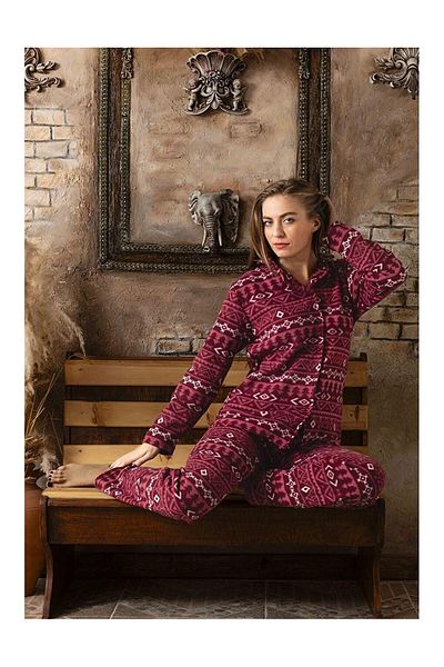 Sude Women's Shirt Collar Fleece Pajama Set M901 - 1 Piece
