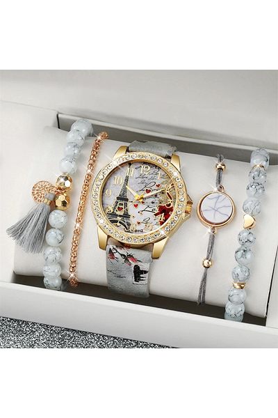 Choice JH 5Pcs/Set Fashion Women's Watch European and American Classic Retro Quartz Watch with Exquisite Be