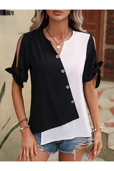 moda wanilia Women's Sleeves Binding Detailed Asymmetrical Cut Buttoned Imported Crepe Blouse