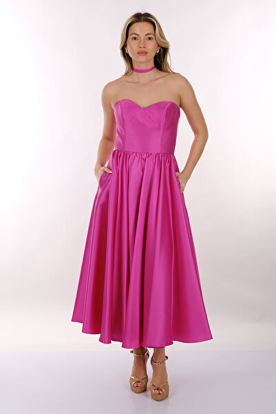 DORİ DORCA Straplez Kalp Yaka Kabarık Saten Midi Boy Kadın Abiye 2246064