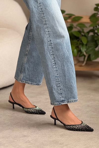 NİŞANTAŞI SHOES Pantofi cu toc pentru femei Cenușăreasa cu plasă neagră cu detaliu de piatră