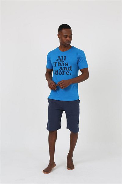 Celira Men's Short Sleeve Sax Combed Cotton Pajama Set with Shorts 20372