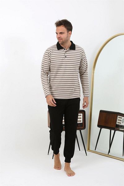 Celira Men's Polo Collar Long Sleeve Combed Cotton Pajama Set 6862 Cream