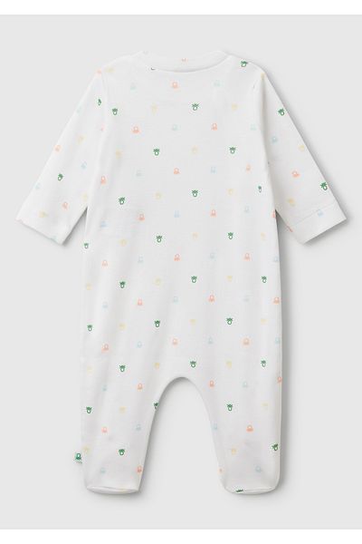 United Colors of Benetton Baby White Patterned Long Sleeve Jumpsuit with Snap Fasteners