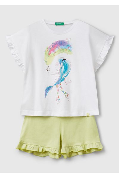 United Colors of Benetton Girl's White Printed T-Shirt with Ruffled Sleeves and Shorts with Ruffled Ends Set