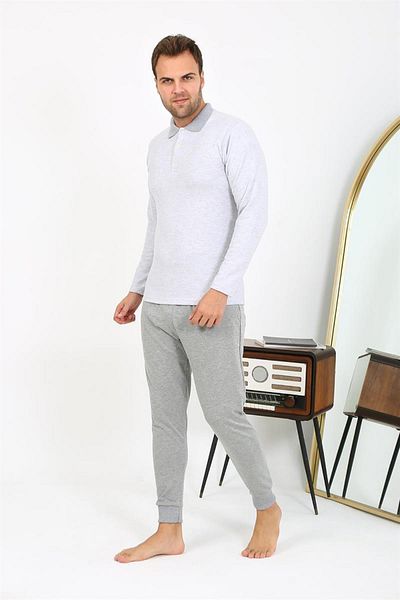 Celira Men's Polo Collar Long Sleeve Combed Cotton Pajama Set Gray 6864