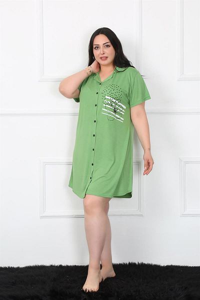 Celira Large Size Combed Cotton Buttoned Green Tunic Nightgown 1025
