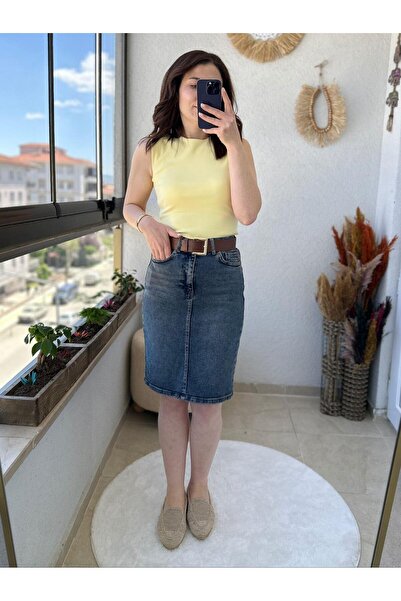 TUNAM BUTİK MİDİ BOY TİNTİLİ KOT ETEK
