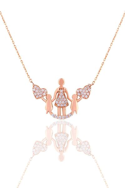 Gümüş Vadisi Kadın Zirkon Taşlı Anne Çocuk Bebek Aile Simgeli Rose Kaplama 925 Ayar Gümüş Kolye