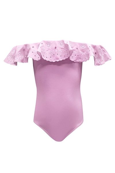 LOOK ME Nessi Byrd 50Uv Swimsuit for Girls - Boat Neck with Ruffles and Lace Embroidery - Lilac