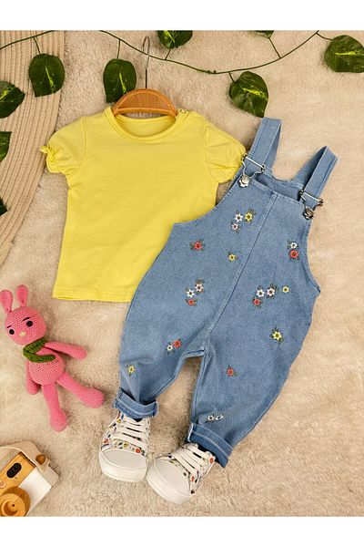 Minizade Floral Embroidered Soft Lycra Organic Denim Salopette Short Sleeve Badi 2-Piece Set Jumpsuit