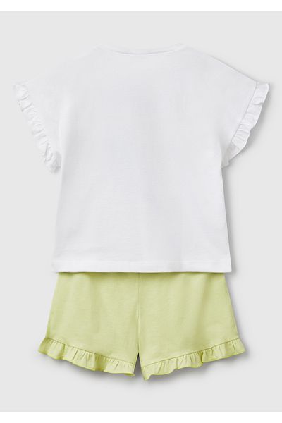 United Colors of Benetton Girl's White Printed T-Shirt with Ruffled Sleeves and Shorts with Ruffled Ends Set