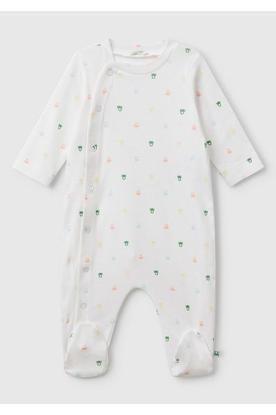 United Colors of Benetton Baby White Patterned Long Sleeve Jumpsuit with Snap Fasteners