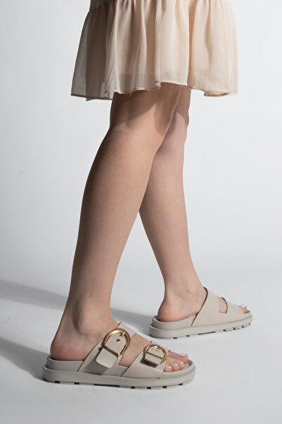 Marjin Women's Genuine Leather Double Banded Buckle Casual Slippers Gepso Ecru