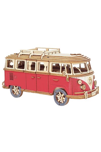 OEM 3D wooden puzzle, Retro Car, red, faithfully recreates the luxury minibus, 29 cm x 11.5 cm