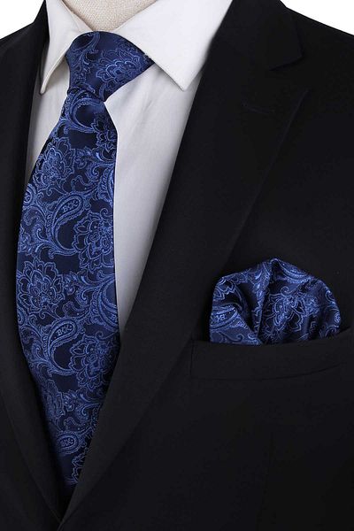 Kravatkolik Navy Blue Paisley Pattern Classic Tie with Handkerchief Kk13123