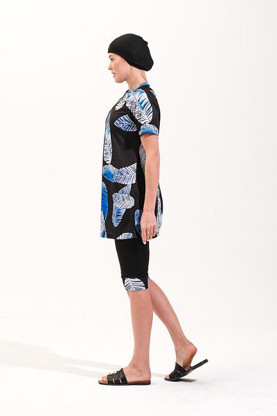 Plistre 2256_Zipper Short Sleeve Leaf Patterned 4-Piece Suit Semi-Closed Hijab Sea/Pool Swimsuit